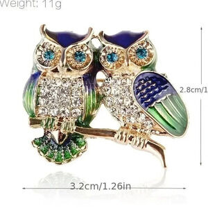 Colorful Green & Blue Rhinestone Twin Owl Goldplated Brooch Pin